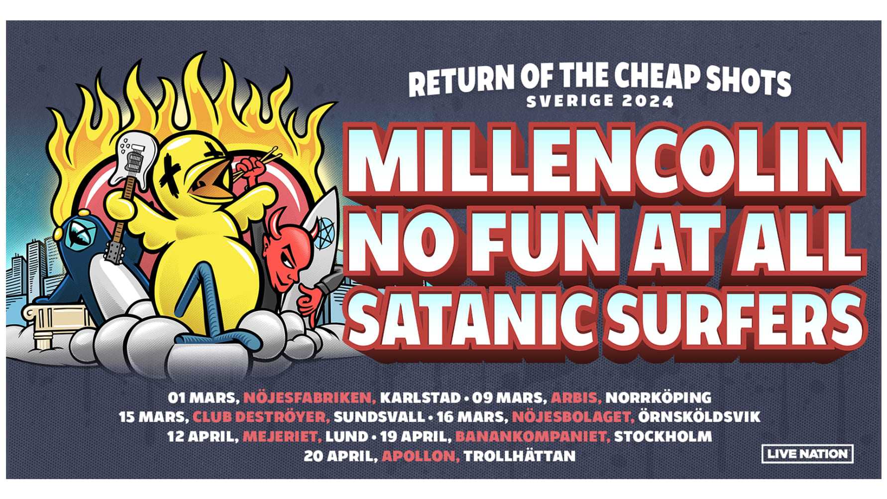 Sveriges tre största skatepunkikoner Millencolin, No Fun At All och Satanic Surfers slår sig samman för gemensam turné 2024!  